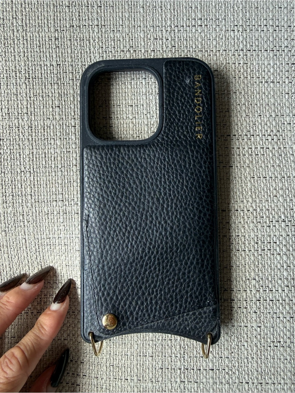 Bandolier Black Pebble Leather wallet phone Case with Gold Hardware-IPHONE 14PRO